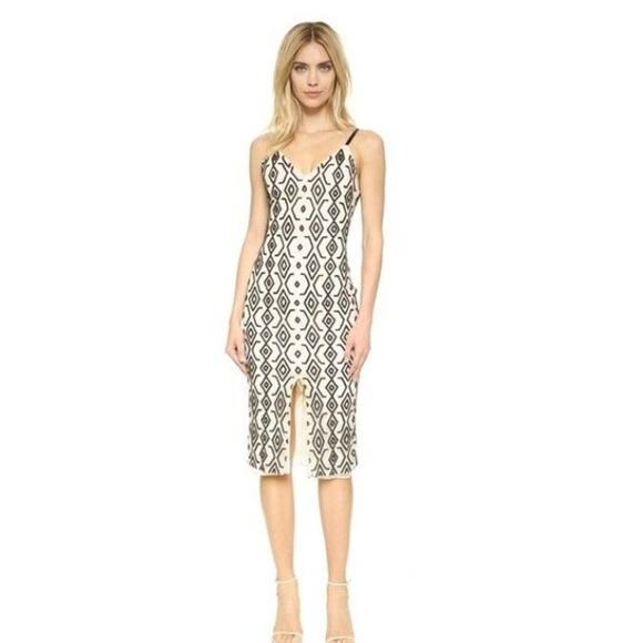 ALICE + OLIVIA Arlette deep v neck diamond motif beaded Midi Dress Black/Cream 2